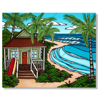 A metal art print featuring a dream Hawaii beach surf bungalow with perfect waves breaking in the backyard by Hawaii surf artist Heather Brown