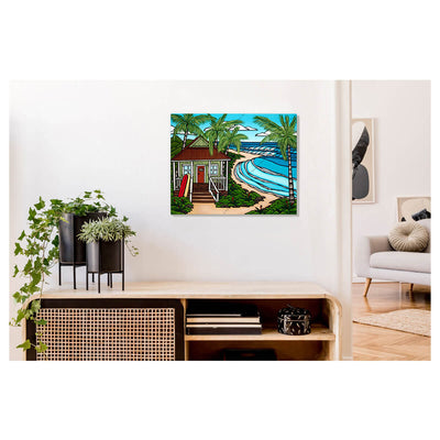 A metal art print featuring a dream Hawaii beach surf bungalow with perfect waves breaking in the backyard by Hawaii surf artist Heather Brown