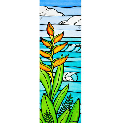 Heliconia Daydream by Hawaii artist Heather Brown. This painting depicts a beautiful view the ocean framed by some Heliconias flowers.