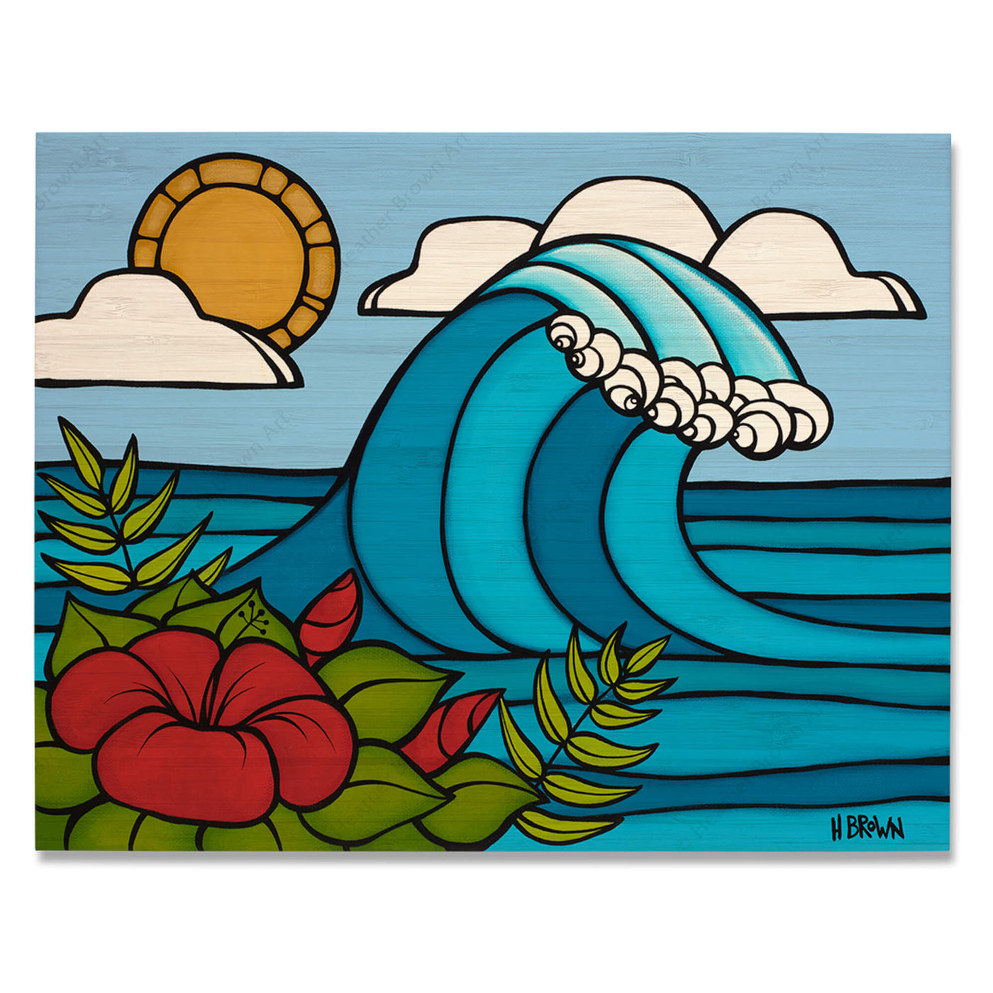 Bamboo print of Hibiscus Swell by Hawaii surf artist Heather Brown