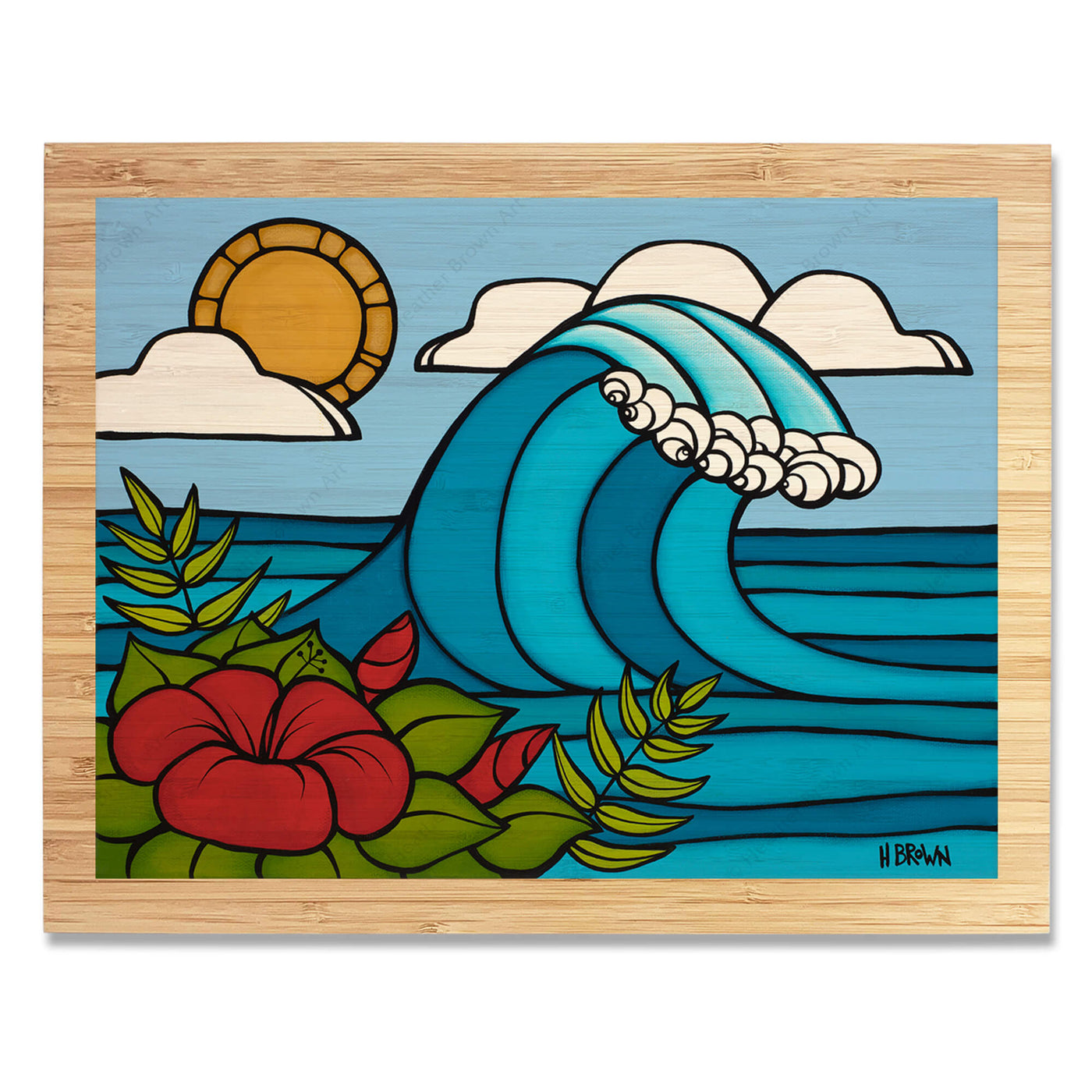 Bamboo print with border of Hibiscus Swell by Hawaii surf artist Heather Brown