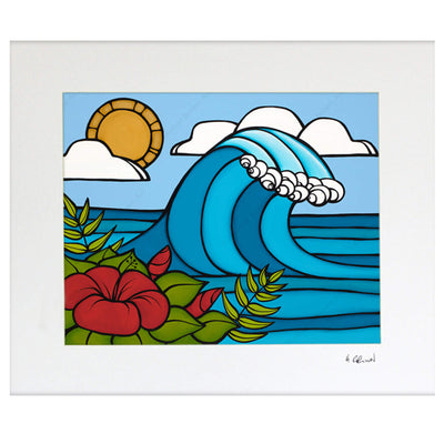 Matted print of Hibiscus Swell by Hawaii surf artist Heather Brown