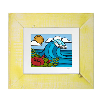 Matted print on classic yellow frame of Hibiscus Swell by Hawaii surf artist Heather Brown