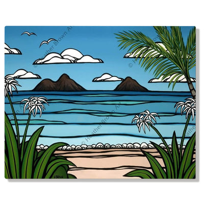 A metal art print featuring a swaying palm tree, tropical flowers, gorgeous blue waves, volcanos, and birds in flight by Hawaii surf artist Heather Brown