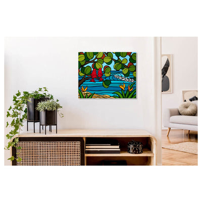 A metal art print featuring a bird's eye view of the Hawaiian landscape as these tranquil love birds the pleasant Hawaiian weather, and listen to the soft roar of breaking waves by Hawaii surf artist Heather Brown