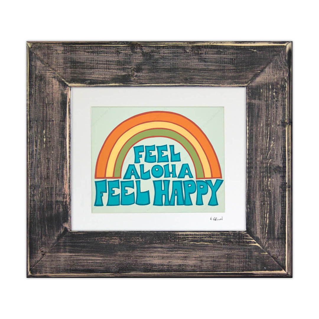 Hawaii surf artist Heather Brown Feel Aloha Feel Happy Matted Print- Classic Black Frame