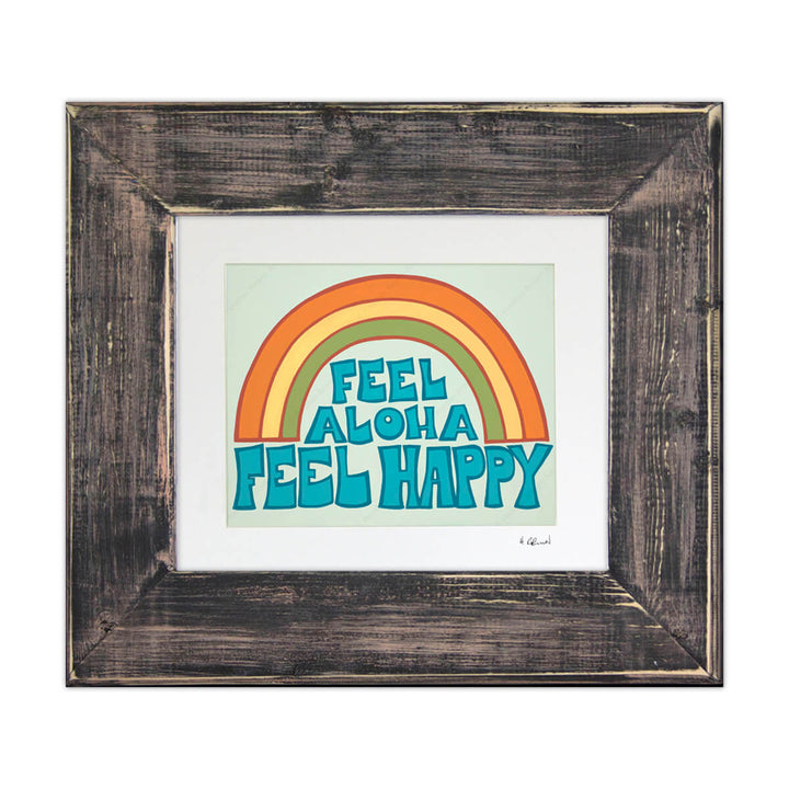 Hawaii surf artist Heather Brown Feel Aloha Feel Happy Matted Print- Classic Black Frame