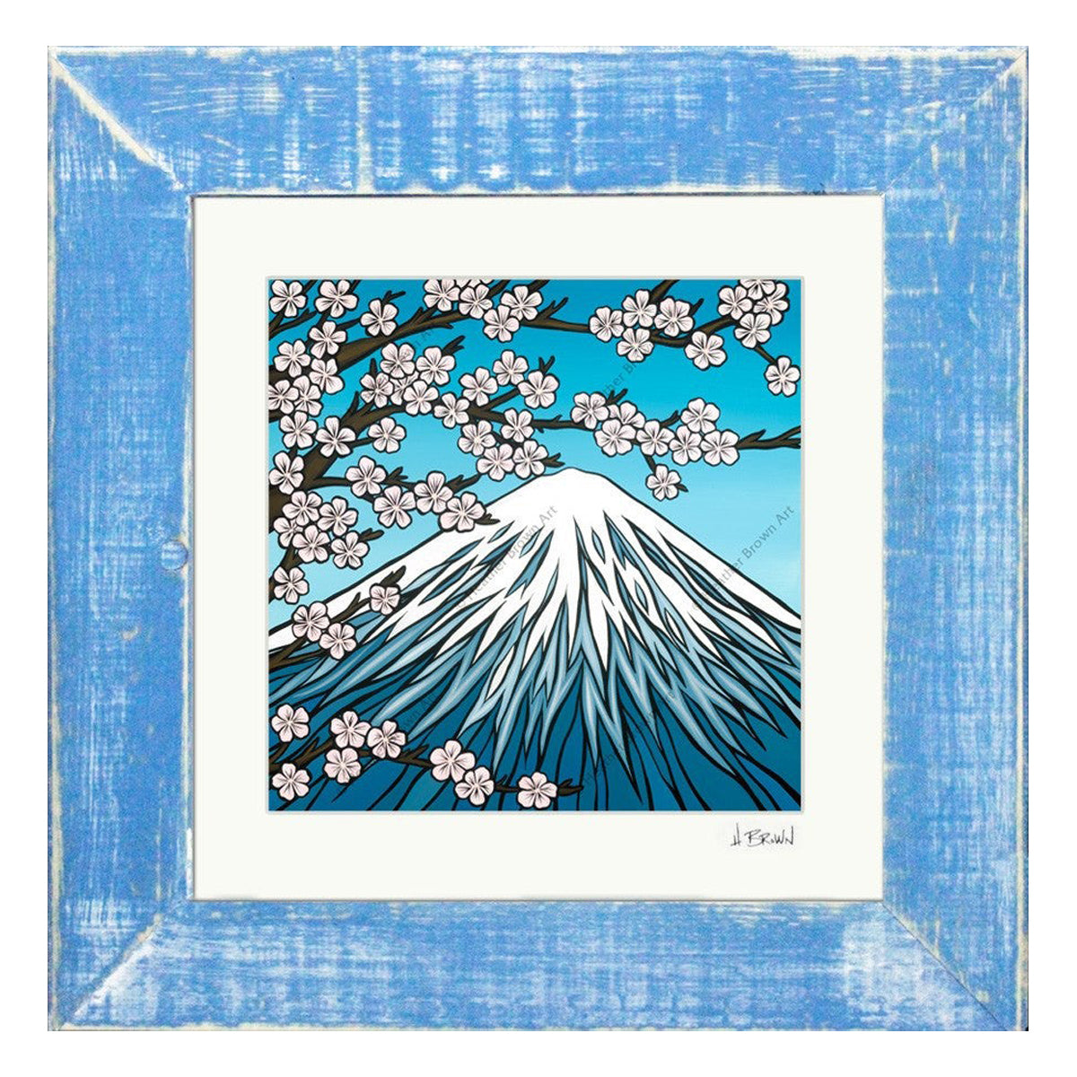 Mt. Fuji - Matted Print on Paper with Classic Blue, Reclaimed Wood Frame by Hawaii surf artist Heather Brown
