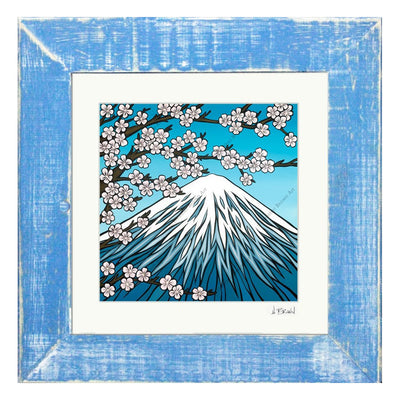 Mt. Fuji - Matted Print on Paper with Classic Blue, Reclaimed Wood Frame by Hawaii surf artist Heather Brown