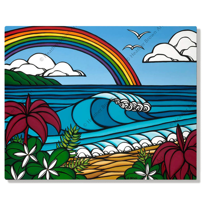 A metal art print featuring a peaceful scene that is created with large breaking waves, tropical flowers, and a beautiful rainbow by Hawaii surf artist Heather Brown