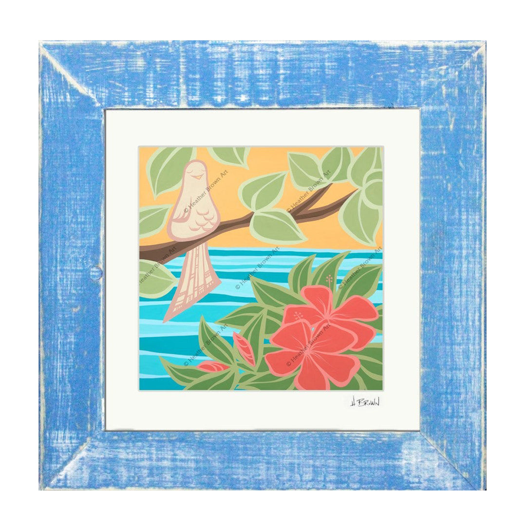 Peaceful Bird - Matted Print on Paper with Classic Blue, Reclaimed Wood Frame by Hawaii surf artist Heather Brown