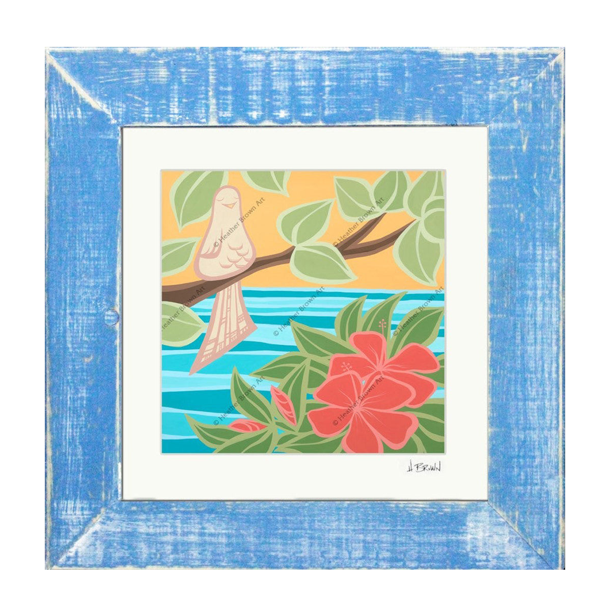 Peaceful Bird - Matted Print on Paper with Classic Blue, Reclaimed Wood Frame by Hawaii surf artist Heather Brown