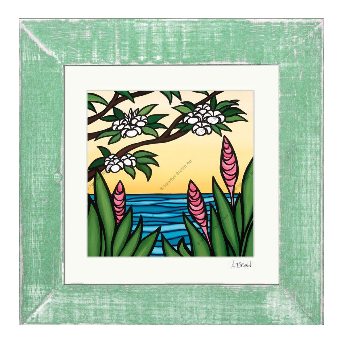 Pink Ginger - Matted Print on Paper with Green, Reclaimed Wood Frame by Hawaii surf artist Heather Brown