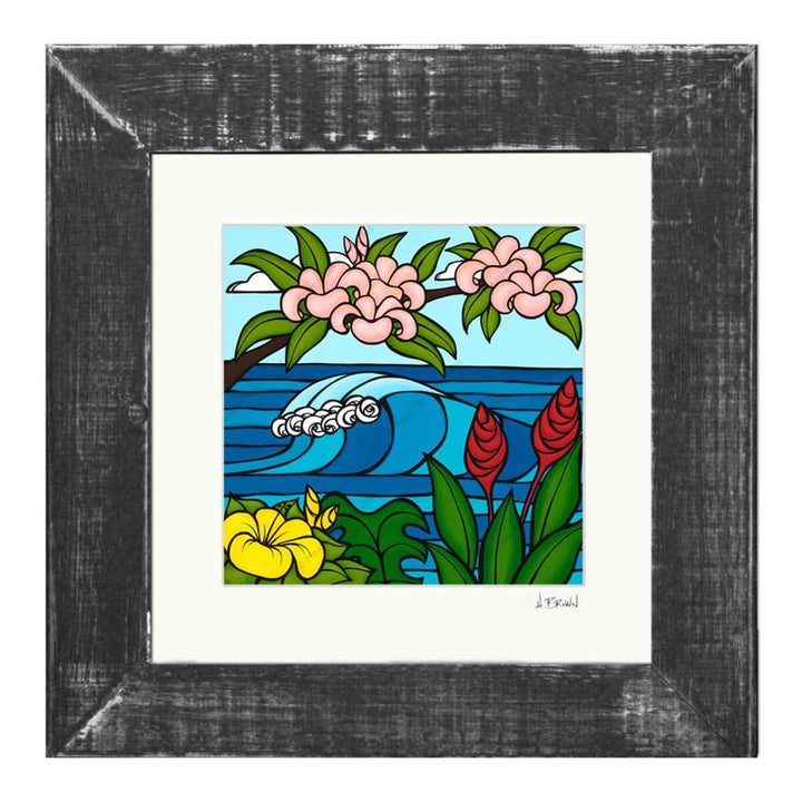 heather brown pink plumeria hawaii art print black frame