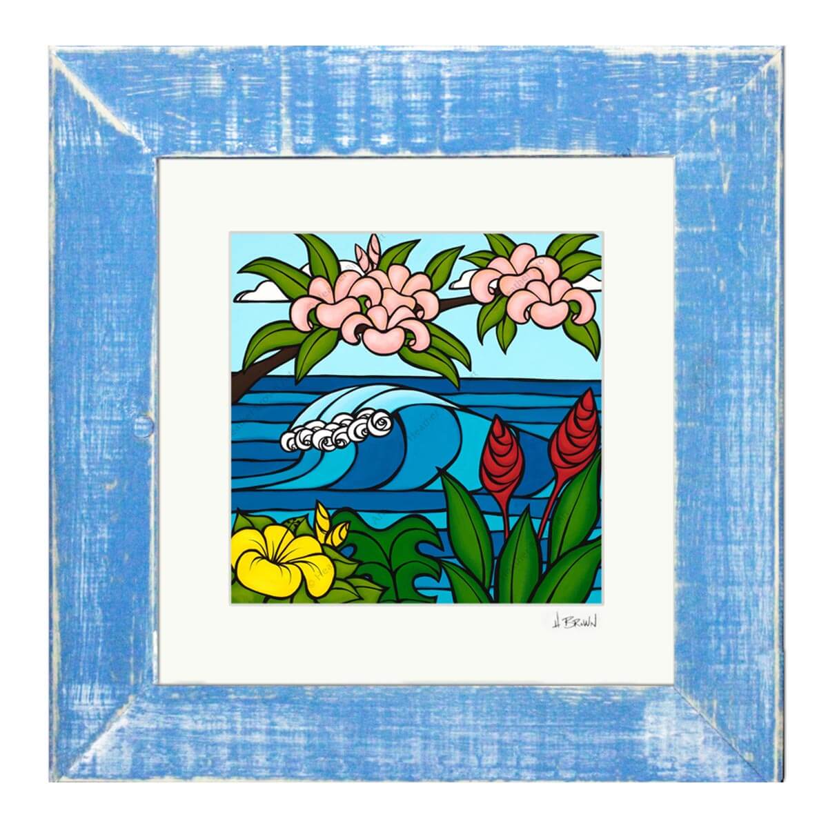 heather brown pink plumeria hawaii art print blue frame