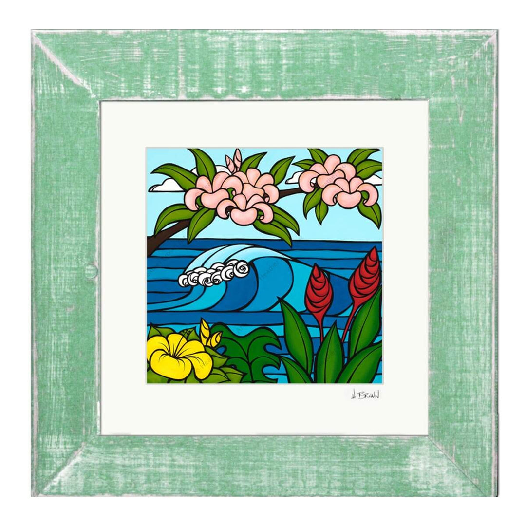heather brown pink plumeria hawaii art print green frame