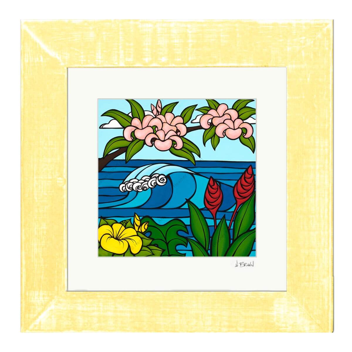 heather brown pink plumeria hawaii art print yellow frame