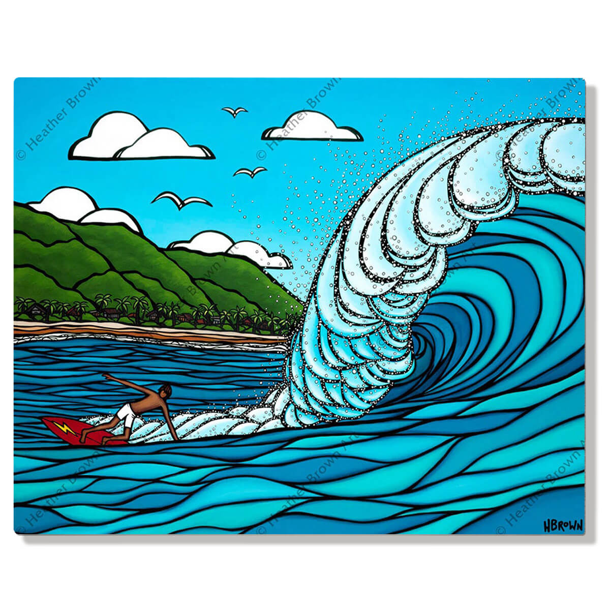 A metal art print featuring Gerry Lopez surfing a huge wave at Pipeline on the North Shore of Oahu by Hawaii surf artist Heather Brown