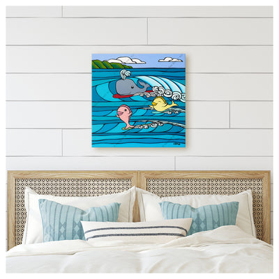 Playing in the Waves canvas giclée print by Hawaii surf artist Heather Brown 