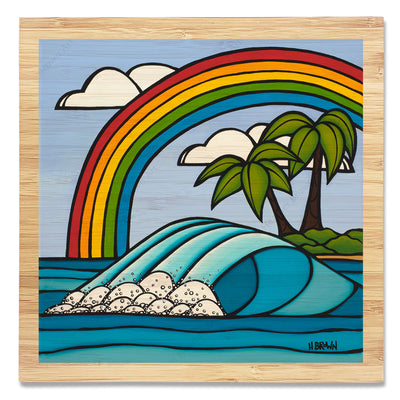 Bamboo print of Rainbow Day with border by Hawaii surf artist Heather Brown