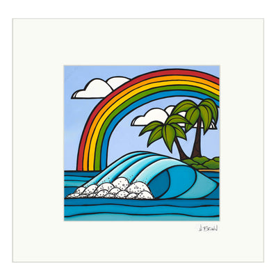 Matted print of Rainbow Day by Hawaii surf artist Heather Brown