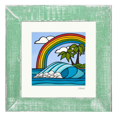 Matted print on classic green frame of Rainbow Day by Hawaii surf artist Heather Brown