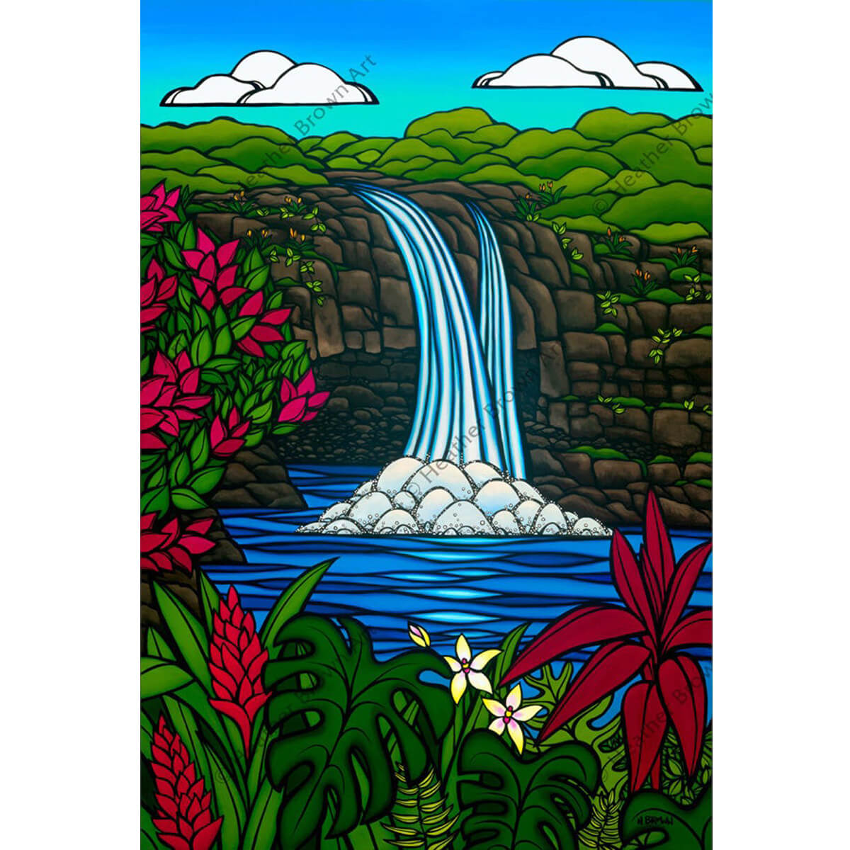 Rainbow Falls - Tropical Hawaiian Waterfall Painting by surf artist Heather Brown