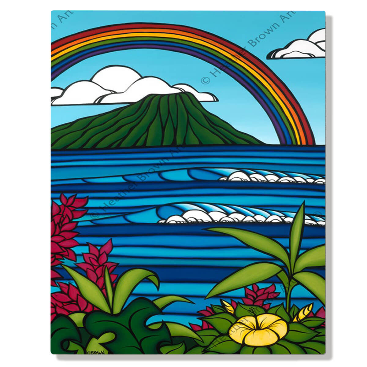 A metal art print featuring a rainbow, tropical flowers, rolling blue waves, and Honolulu's iconic landmark, Diamond Head by Hawaii surf artist Heather Brown