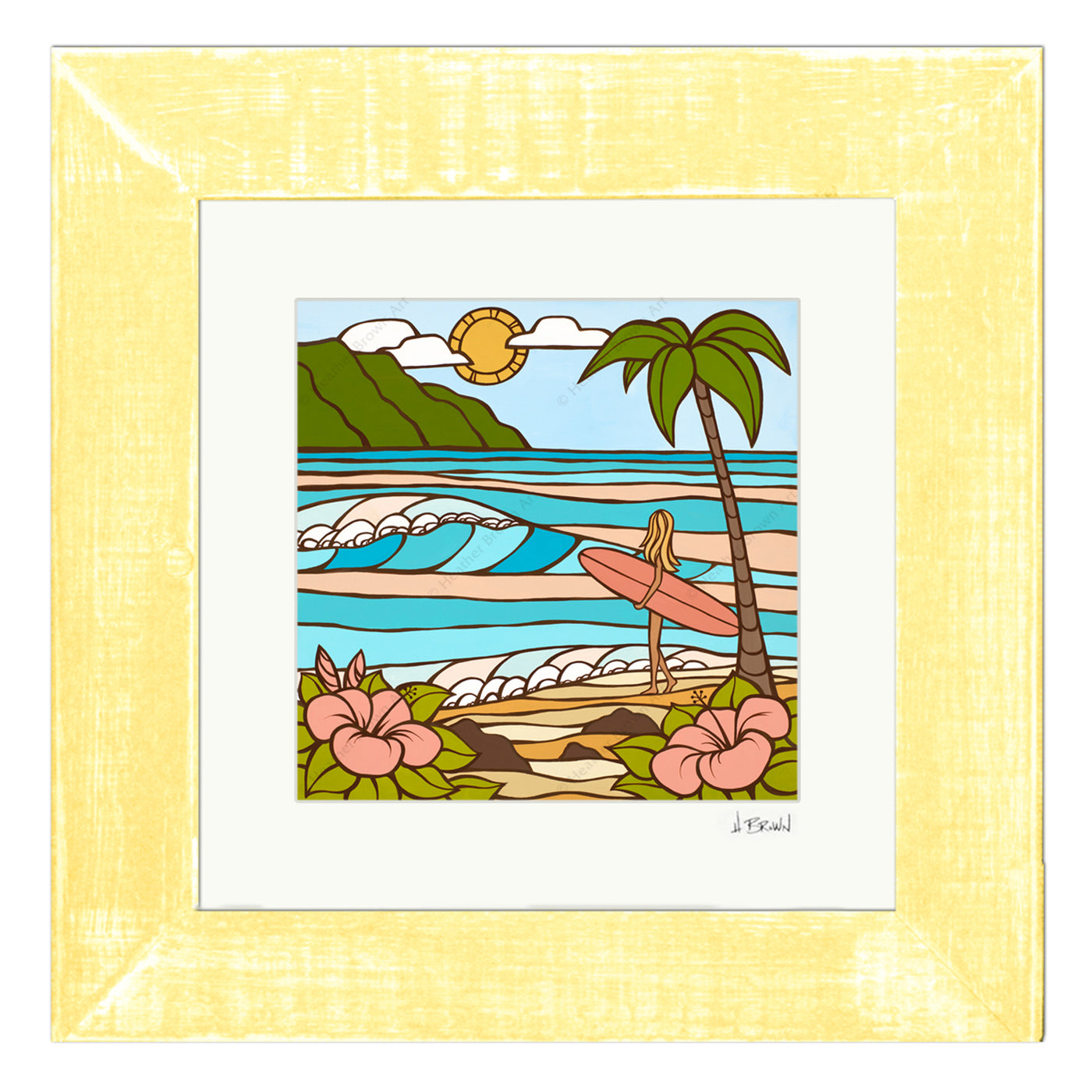 Matted print of Summer Morning in yellow frame by Hawaii surf artist Heather Brown