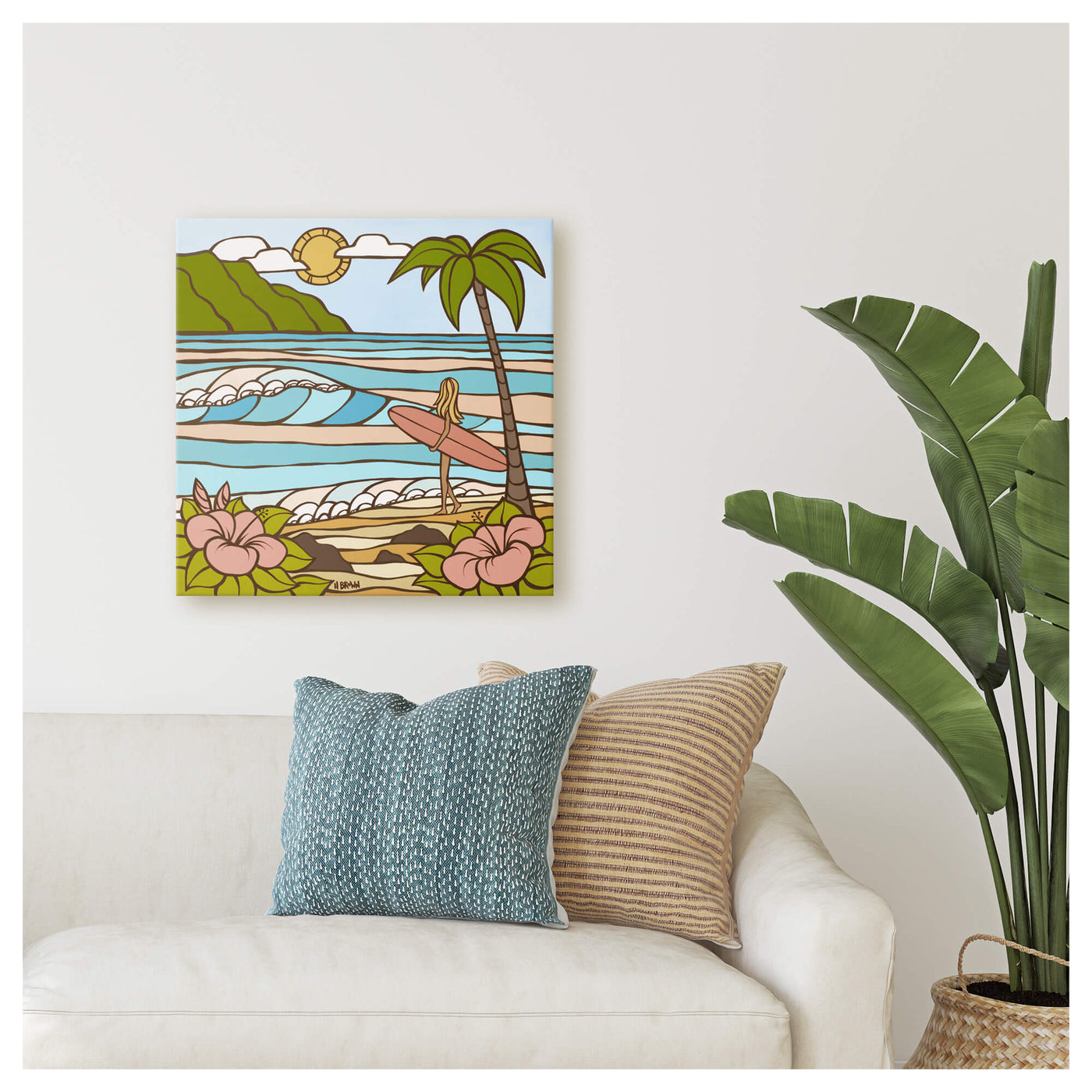 Canvas giclée print wall mockup of Summer Morning by Hawaii surf artist Heather Brown