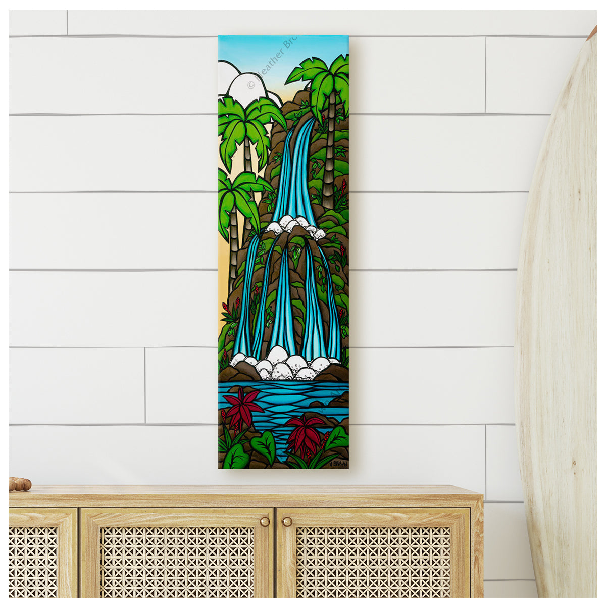 日の出の滝-ハワイの滝の絵 – Heather Brown Art