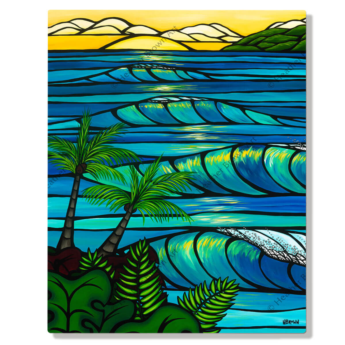 A metal art print featuring crashing waves and a classic Hawaiian sunset by Hawaii surf artist Heather Brown