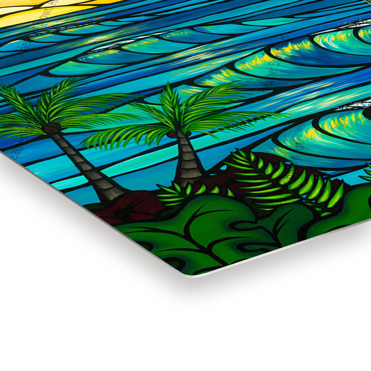 Sunset Swell metal print edge detail by Hawaii surf artist Heather Brown