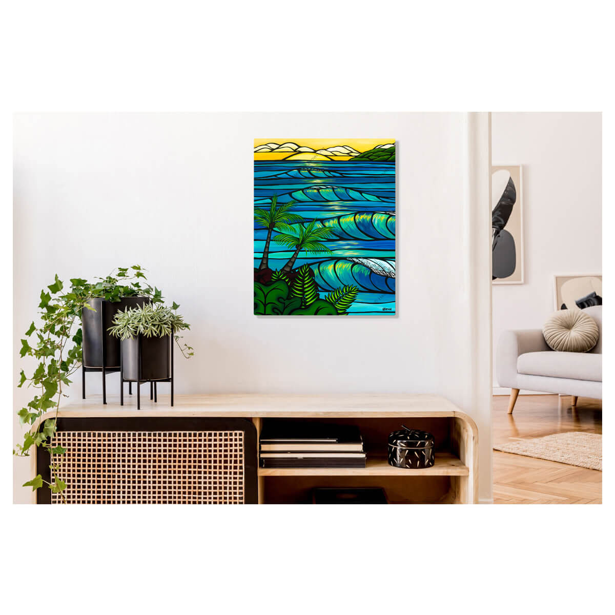 A metal art print featuring crashing waves and a classic Hawaiian sunset by Hawaii surf artist Heather Brown