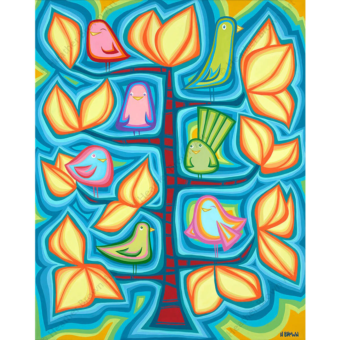 The Good Vibe Tree - Painting featuring friendly birds hanging out together in a colorful tree by Heather Brown