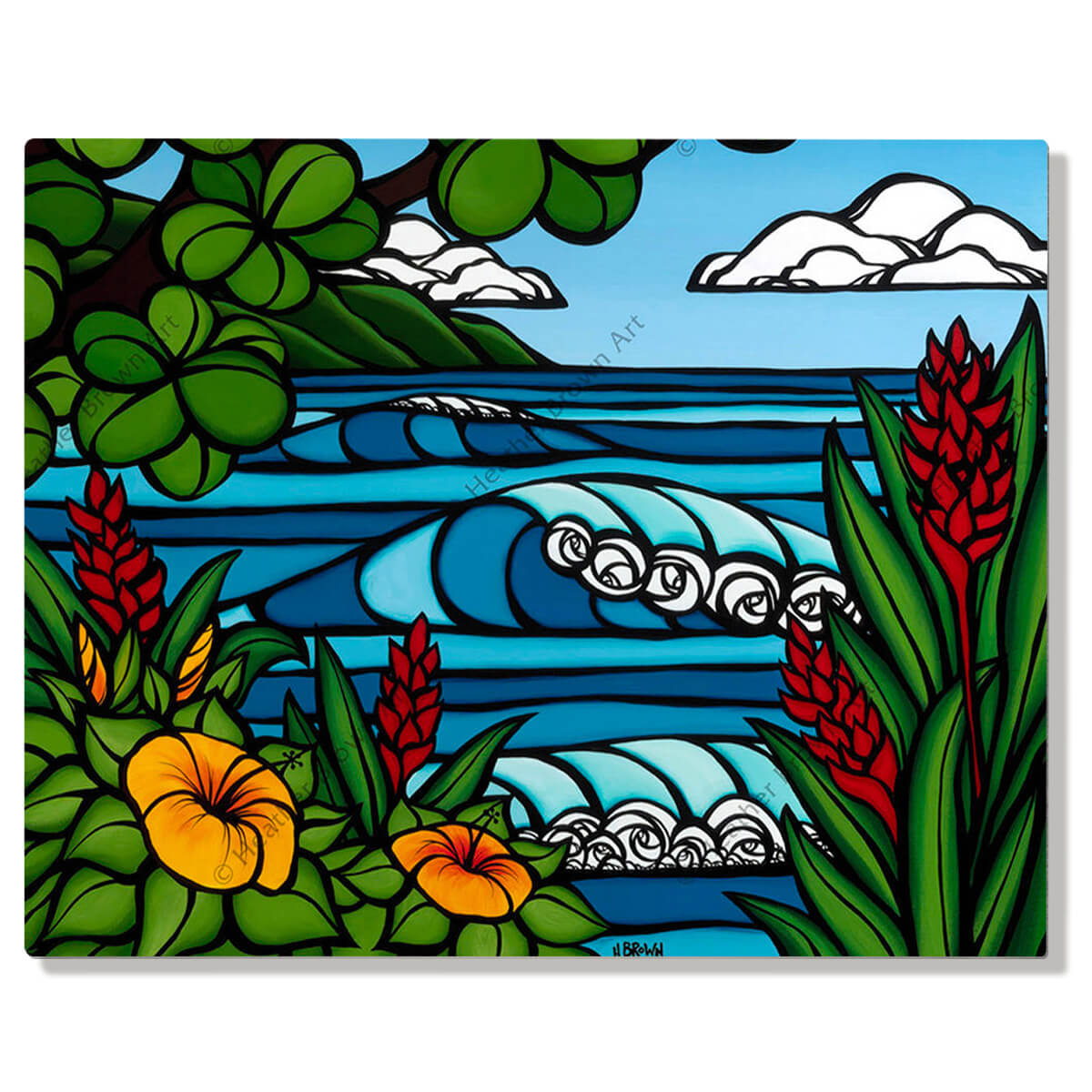 A metal art print featuring hibiscus flowers and bright ginger flowers by Hawaii surf artist Heather Brown