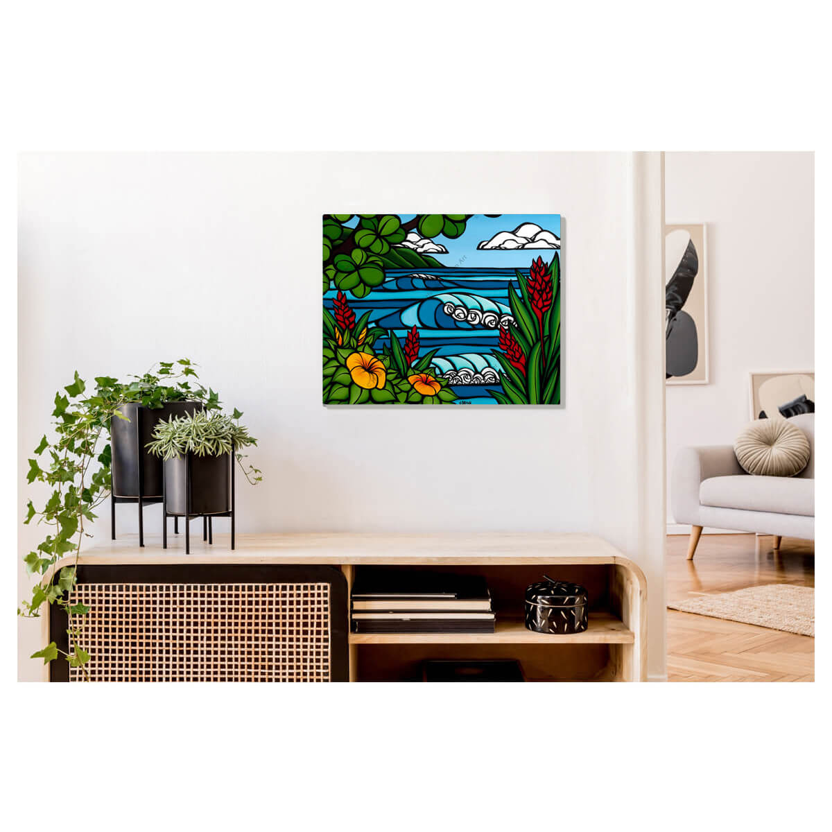 A metal art print featuring hibiscus flowers and bright ginger flowers by Hawaii surf artist Heather Brown
