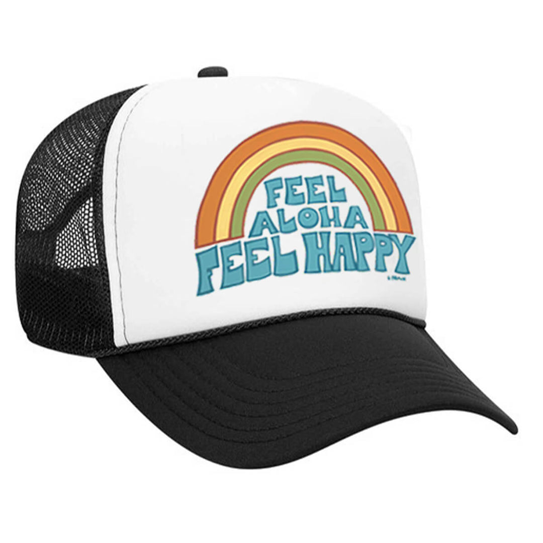 Hawaii surf artist Heather Brown Feel Aloha Feel Happy black trucker hat