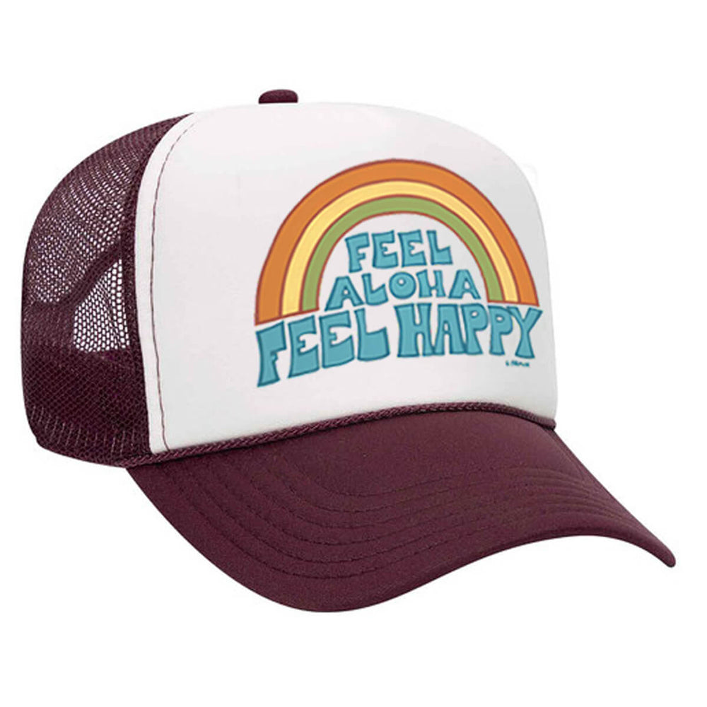Hawaii surf artist Heather Brown Feel Aloha Feel Happy maroon trucker hat