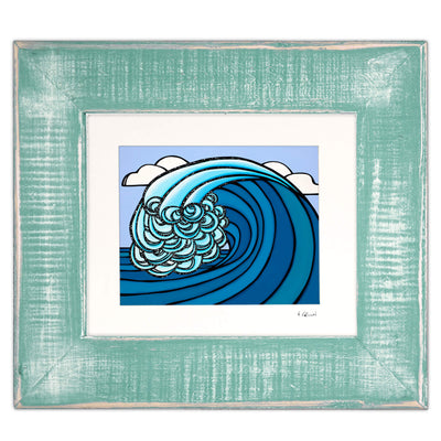 Matted print of a wave artwork in classic seafoam frame by Hawaii surf artist Heather Brown