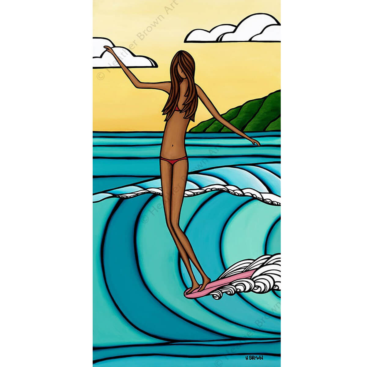 Wahine - Giclée print on canvas of surfer girl catching a big Hawaiian wave by tropical artist Heather Brown