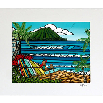 Waikiki Holiday - Matted Prints on Paper (Mat Only) Waikiki Art with diamond head in the background by Hawaii surf artist Heather Brown