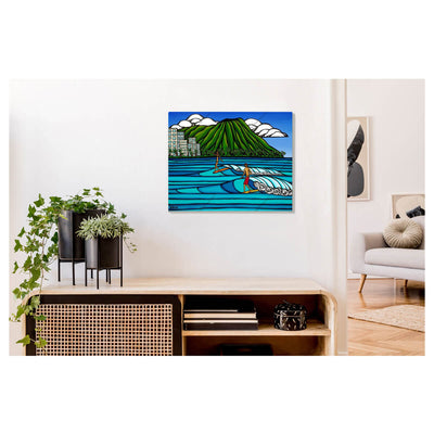 A metal art print featuring tanned surfers, the perfect blue Waikiki waves, and the Diamond Head landscape in the background by Hawaii surf artist Heather Brown