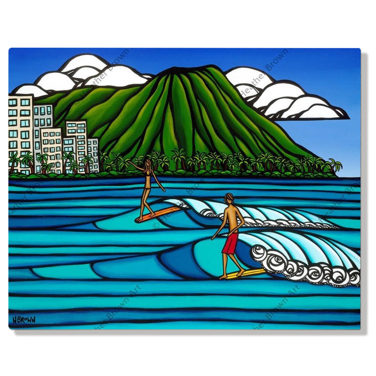 A metal art print featuring tanned surfers, the perfect blue Waikiki waves, and the Diamond Head landscape in the background by Hawaii surf artist Heather Brown