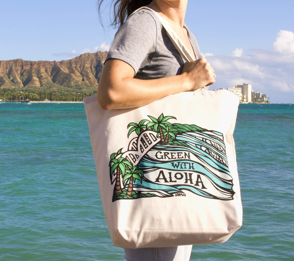 Unique beach bag with tropical Hawaiian art by Heather Brown