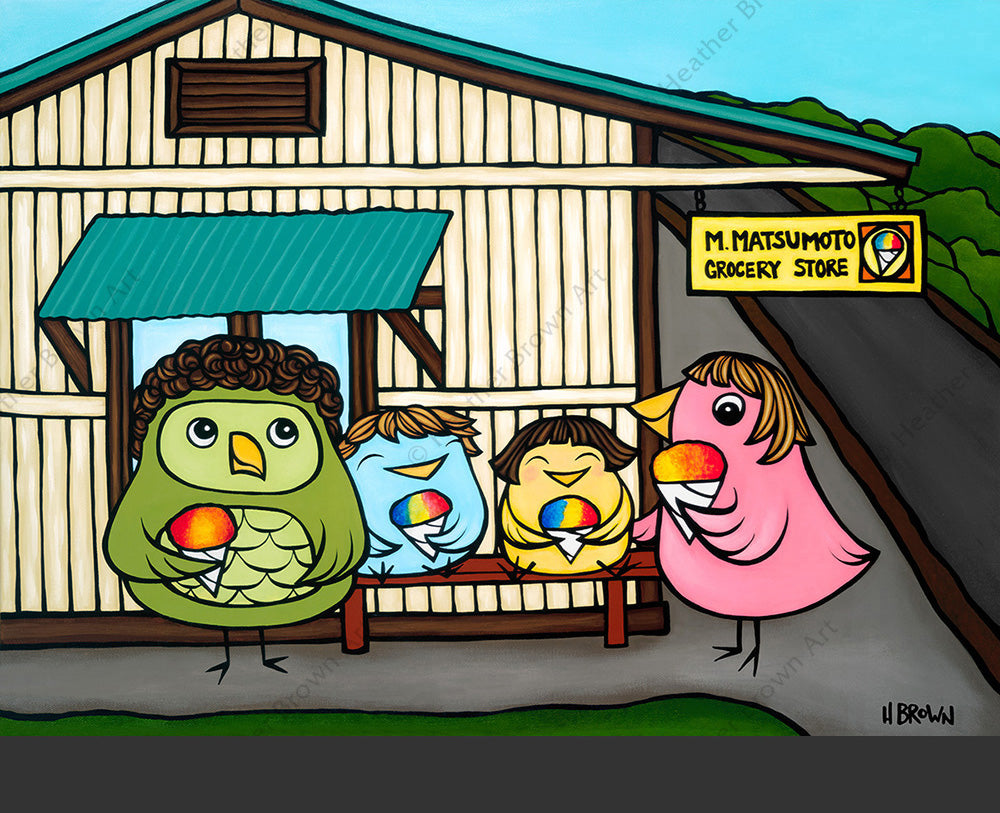 Painting by Heather Brown featuring a cute family of birds having shaved ice at Matsumoto's
