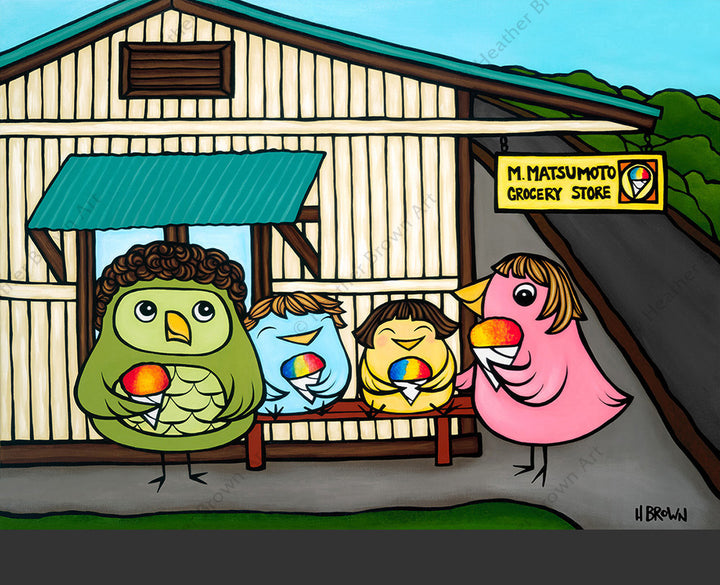 Painting by Heather Brown featuring a cute family of birds having shaved ice at Matsumoto's