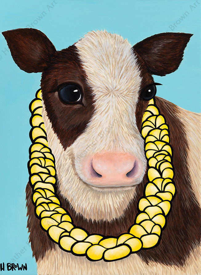 Happy Cow - Matted Print of an adorable cow wearing a tropical Hawaiian lei by tropical artist Heather Brown