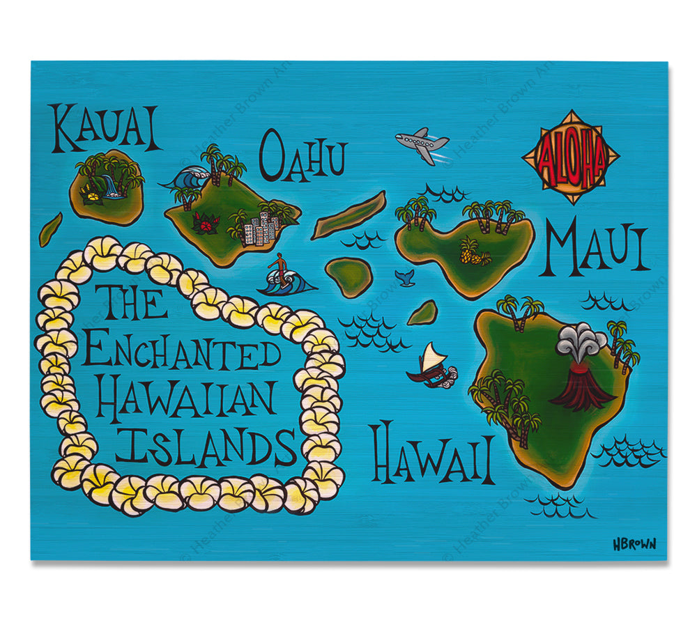 Hawaii Map - Bamboo wood print of a stylized map of the Hawaiian Islands by tropical artist Heather Brown