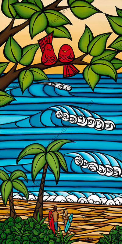 Hawaii Sweethearts - Painting of two couples, adorable birds in the trees and some surfers out enjoying a day of sun and sea together by tropical artist Heather Brown
